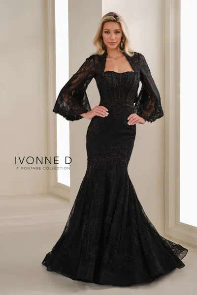 Ivonne D Id1403 Long Formal Floral Lace Evening Jacket Dress In Black