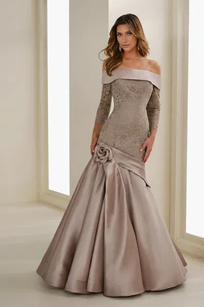 Ivonne D Id1409 Long Beaded Lace Formal Evening Dress In Brown