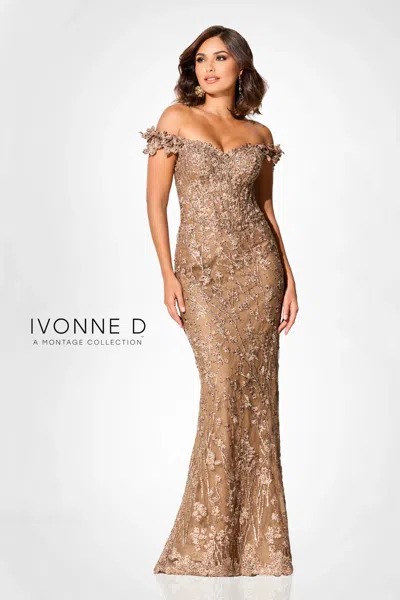 Ivonne D Id303 Long Formal Beaded Lace Evening Dress In Brown
