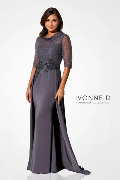 Ivonne D Id321 Beaded Lace Long Formal Overskirt Evening Dress In Gray