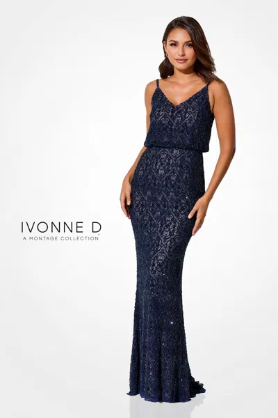 Ivonne D Id322 Beaded Lace Long Formal Sequin Evening Gown In Blue