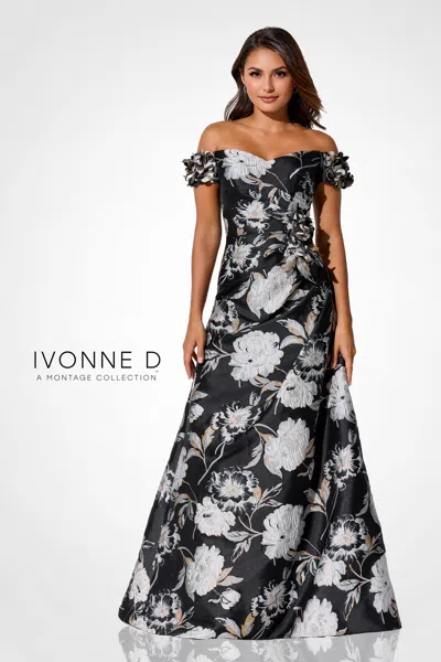 Ivonne D Id325 Long Formal Floral Applique Evening Gown In Black