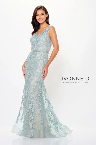 Ivonne D Id6207 Formal Long Mermaid Floral Lace Evening Dress In Blue