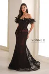 Ivonne D Id6208 Long Mermaid Formal Peplum Feather Evening Dress