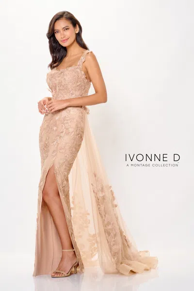 Ivonne D Id6209 Long Formal Lace Applique Overskirt Evening Gown In Gold