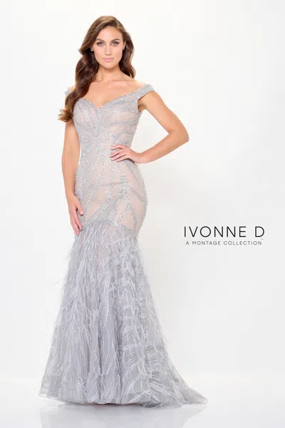 Ivonne D Id6213 Long Beaded Formal Feather Evening Dress
