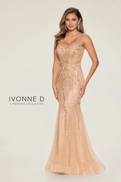 Ivonne D Id802 Beaded Sequin Long Formal Lace Evening Dress In Orange