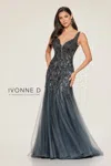 Ivonne D Id805 Long Mermaid Lace Applique Beaded Formal Dress In Gray