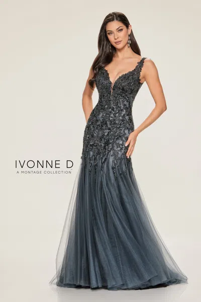 Ivonne D Id805 Long Mermaid Lace Applique Beaded Formal Dress In Gray