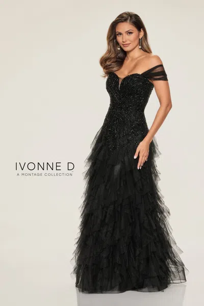 Ivonne D Id806 Long Formal Ruffled Beaded Sequin Evening Dress In Black