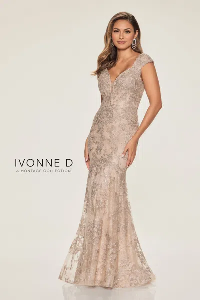Ivonne D Id809 Long Formal Floral Lace Mermaid Evening Dress In Gold
