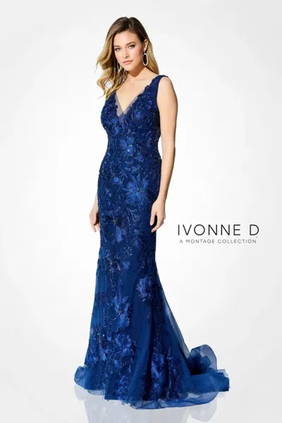 Ivonne D Id901 Mermaid Long Formal Floral Laced Evening Dress In Blue