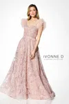 Ivonne D Id906 Long Ball Gown Feather Lace  Evening Dress In Pink