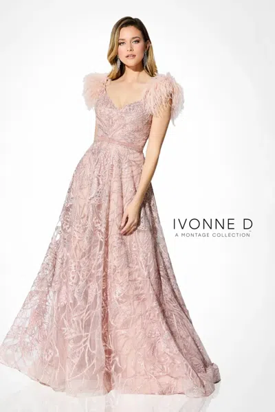 Ivonne D Id906 Long Ball Gown Feather Lace  Evening Dress In Pink
