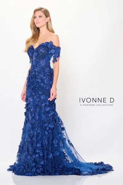 Ivonne D Id915 Long Formal 3d Floral Appliqued Evening Gown In Blue