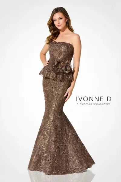 Ivonne D Id921 Metallic Long Mermaid Lace Formal Peplum Dress In Brown