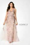 Ivonne D Id924 Long A Line Formal Beaded Applique Overskirt Dress In Pink