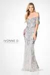 Ivonne D Id927 Beaded Long Mermaid Formal Feather Evening Dress In Silver