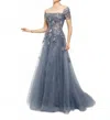 Ivonne D Remove Sleeve Gown In Wedgewood In Gray