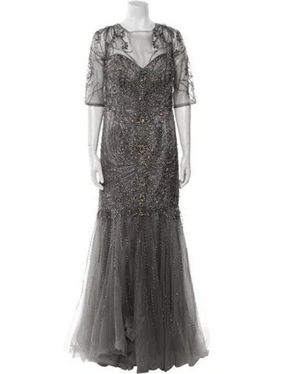 Pre-owned Ivonne D V-neck Long Dress In Gray