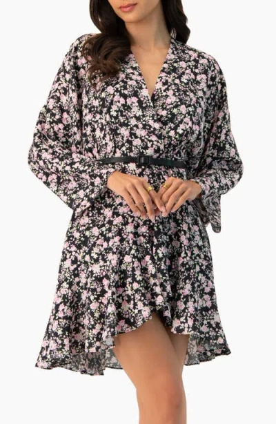 Ivonne Dolan Sleeve Short Floral V-neck Dress In Black