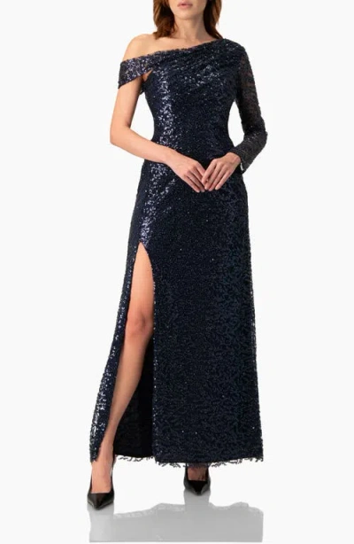 Ivonne Embroided Gown With Front Slit And One Sleeve In Blue