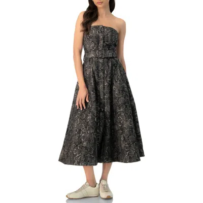 Ivonne Fantasy Denim Midi Strapless Dress In Green