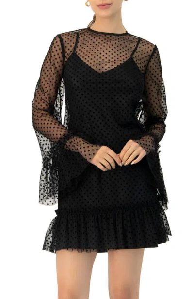 Ivonne Flocked Polka Dot Short Dress With Wide Long Sleeves In Black