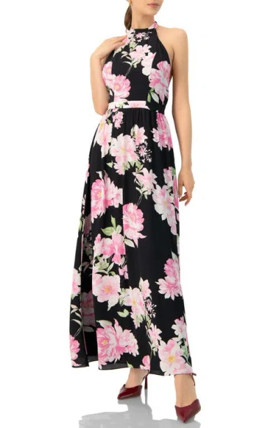 Ivonne Floral Halter Neck Backless Maxi Dress In Black