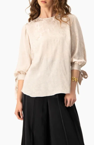 Ivonne Floral Jacquard Tie-cuff Blouse With Three-quarter Sleeve In White