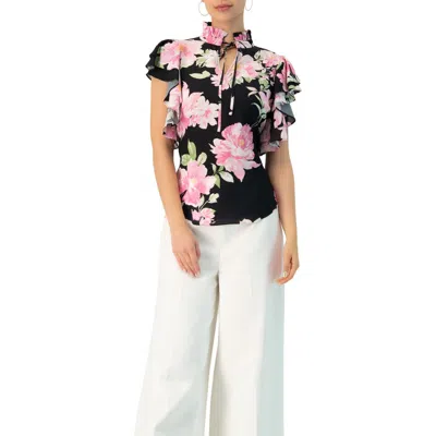 Ivonne Floral Print Blouse With Ruffle Sleeves In Black