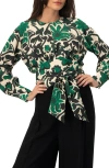 Ivonne Floral Print Blouse With Waist Tie And Keyhole Neckline In Green