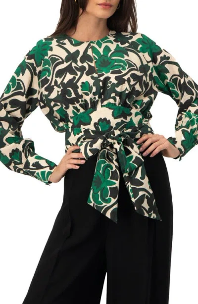 Ivonne Floral Print Blouse With Waist Tie And Keyhole Neckline In Green