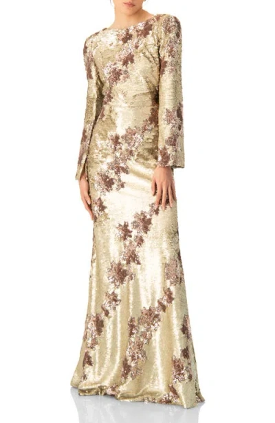 Ivonne Floral Sequin Gown With Open Back In Gold