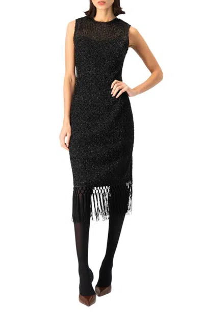 Ivonne Fringe Hem Metallic Knit Midi Dress With Illusion Yoke In Black