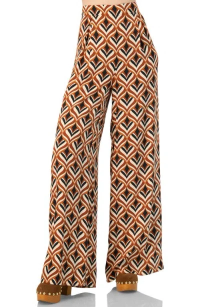 Ivonne Geometric Wide Leg Printed Pants With Side Zipper In Brown
