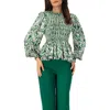Ivonne Green Baroque Print Smocked Peplum Blouse In Green