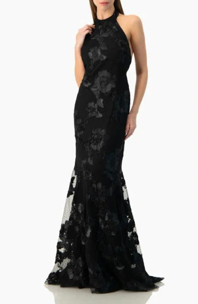 Ivonne Halter Floral Lace Mermaid Gown In Black