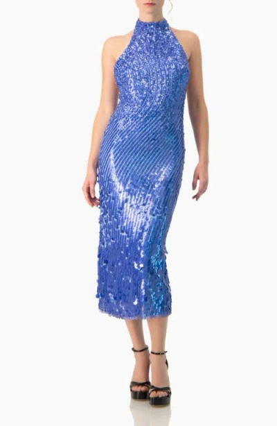 Ivonne Halter Paillette Sequin Midi Dress With Open-back In Blue