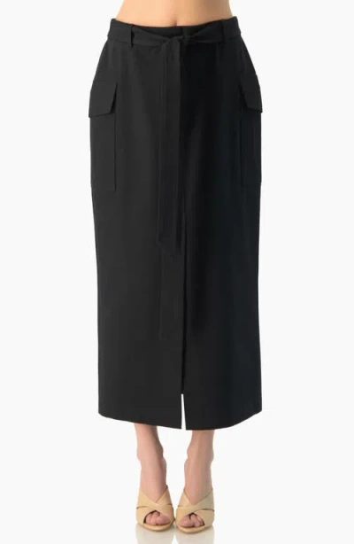 Ivonne High-rise Belted Straight Midi Skirt With Side Slit In Black