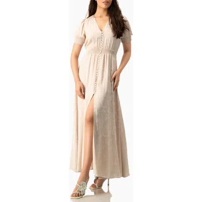 Ivonne Jacquard Satin Button-front Maxi Dress With Puff Sleeve And Smocked Waist In Gray