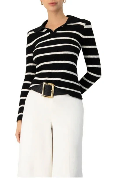 Ivonne Knitted Striped Long Sleev Polo In Black