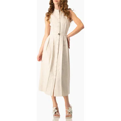 Ivonne Linen Belted Midi Shirtdress With Band Collar In Neutral