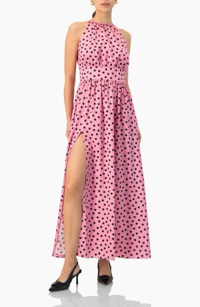 Ivonne Long Open-leg Polka Dot Halter Neck Dress In Multi
