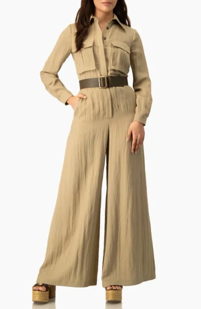 Ivonne Long Sleeve Button-front Safari Utility Wide-leg Jumpsuit In Brown