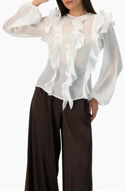 Ivonne Long Sleeve Sheer Blouse With Ruffle Detail In White