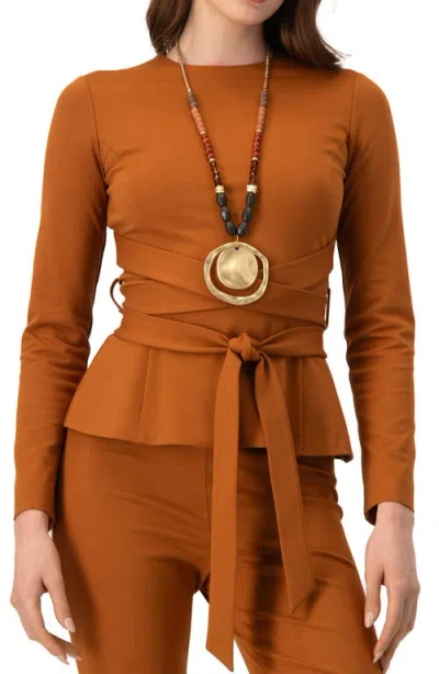 Ivonne Long Sleeve Top With Crossed Tie Straps In Brown