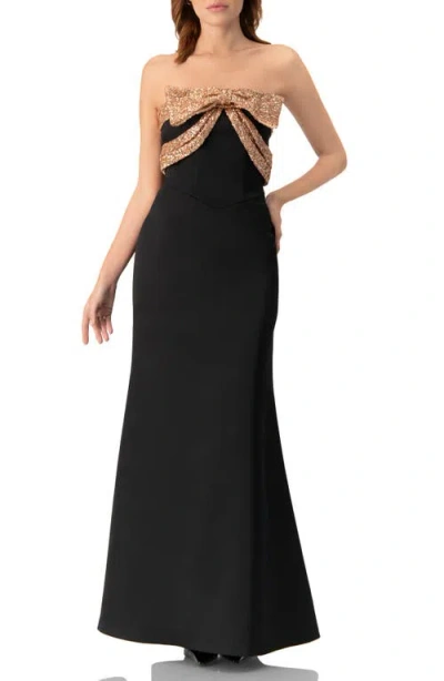 Ivonne Long Strapless Dress With Sequin Bow In Black