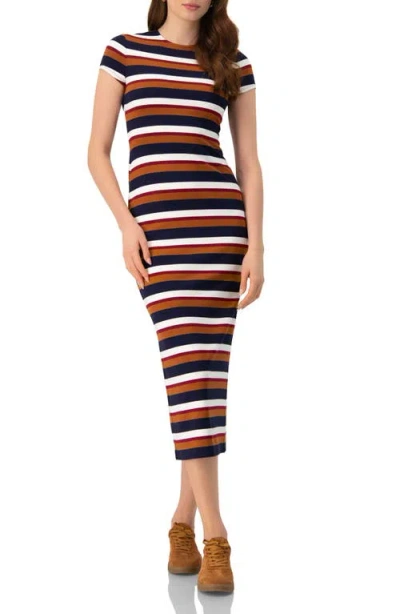 Ivonne Long Wide Stripes Cap Sleeve Dress In Brown