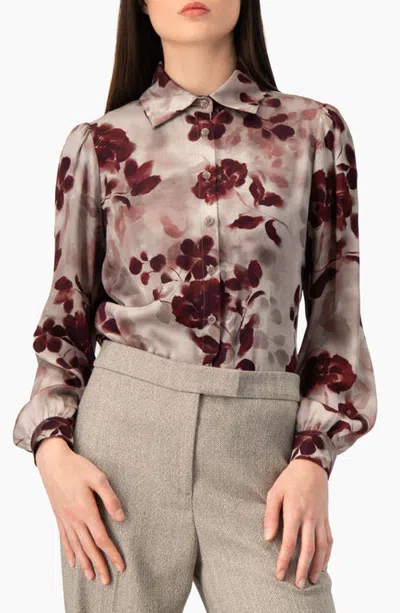 Ivonne Long-sleeve Button-up Floral Blouse In Gray